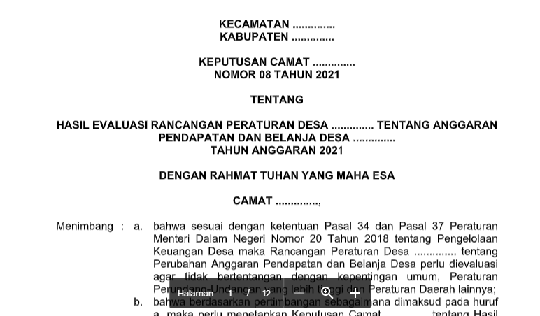 Download SK Camat Tentang Hasil Evaluasi Rancangan Peraturan Desa Tentang APBDes Tahun 2021