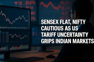 Indian stock market July 2025 visual showing Sensex and Nifty flat performance with global trade war tension and US tariffs impacting investor sentiment. Bright background, medium headline text.