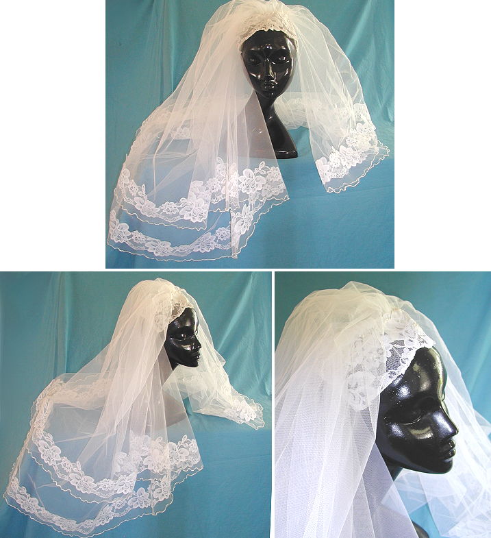 This lovely white vintage veil has a crown style headpiece