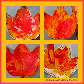 photo of: Painting Leaves in Fall Colors in Preschool via RainbowsWithinReach