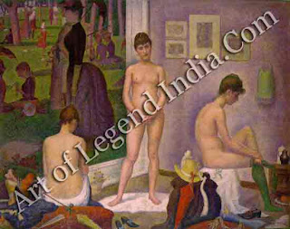  “The Models” In this 'small version', three models pose in front of Seurat's huge canvas La Grande Jatte. Seurat probably wanted to prove that his vibrant 'dot' technique could be applied with equal effect to a studio interior or a sunny outdoor scene.