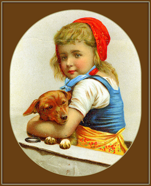 girl in red bandana wearing blue and white with gold apron cuddles small brown dog leaning on gunwale 