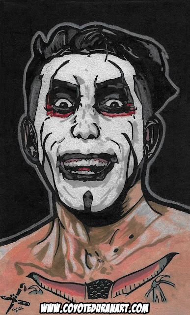 Danhausen. Micron pen (.02 and .03), Pentel Pocket Brush Pen, Copic markers and white Prismacolor pencil in a Daler Rowney sketchbook (5.5" X 8.5"). Art by Coyote Duran