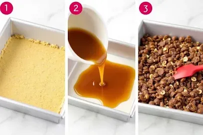 1) Pressing crust into pan, 2) Pouring melted caramel, 3) Spreading chocolate-cereal mixture with a spatula.