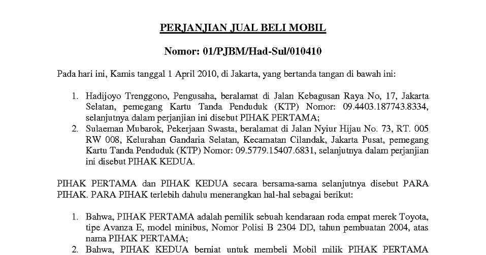 Contoh Surat Perjanjian Jual Beli