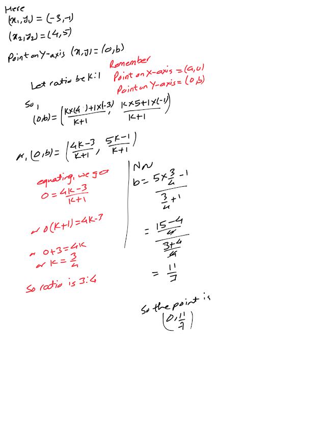 On what ratio does y axis divide the line joining (-3,-1) and (4,5). Find the point on y axis too. 