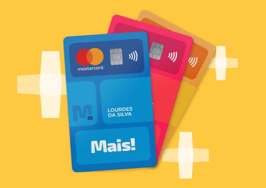 A imagem mostra alguns cartões de crédito MAIS! de Bandeira MasterCard perfilados em cores diferentes em um fundo amarelo.