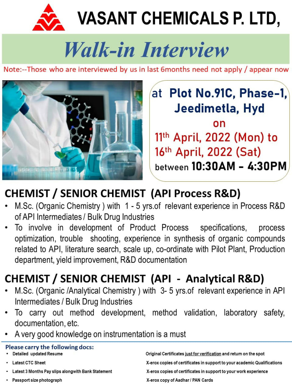Job Availables,Vasant Chemicals Pvt Ltd Walk-In-Interview For MSc Organic Chemistry/ Analytical Chemistry