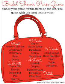 Planning a bridal shower? You NEED to print this FREE bridal shower purse game from www.abrideonabudget.com.
