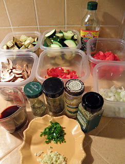 All Veggies Measured and Chopped, plus Wine, Herbs, and Olive Oil