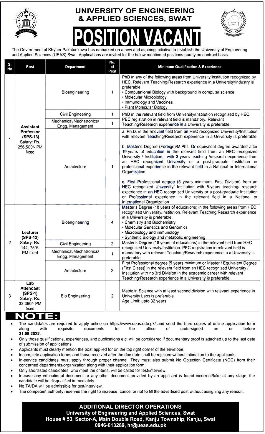 University of Engineering and Applied Sciences UEAS Jobs 2022