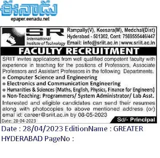 Hyderabad, SR International Institute of Technology Assistant Professor, Associate Professor, Non Teaching Staff Jobs