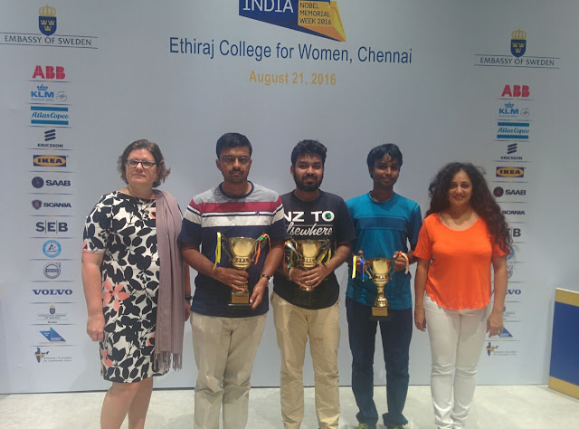 IIT Madras won the Chennai qualifying round of The Sweden India Nobel Memorial Quiz 2016 held at the Ethiraj College for Women, today