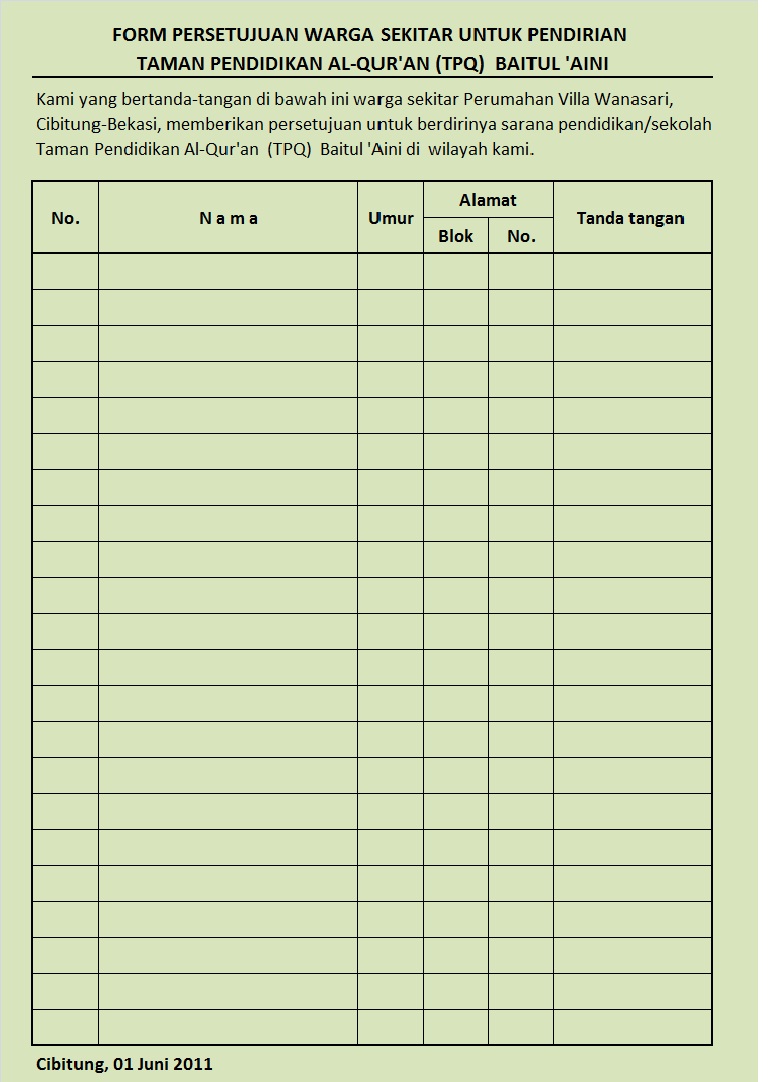 TKIT-TPQ BAITUL 'AINI: Contoh Format Persetujuan Warga 