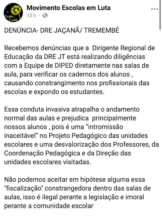 Movimento escolas em luta denúncia nas DREs 