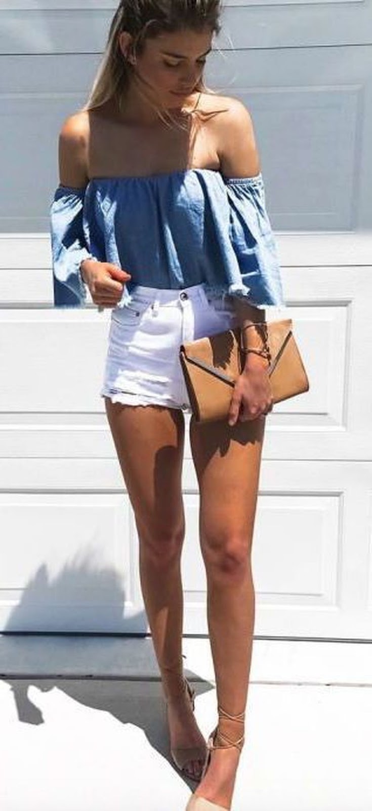 how to style white shorts : blue off shoulder top + espadrilles