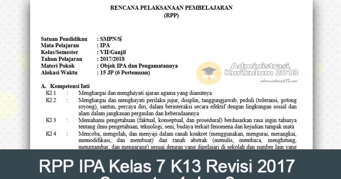 RPP IPA Kelas 7 Kurikulum 2013 Revisi 2017 Semester 1 dan 