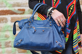 aztec print colorful cardigan, Balenciaga cobalt blu City bag, Fashion and Cookies, fashion blogger