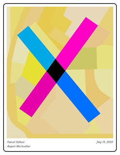 This is an interpretive piece of art that mainly consist of a big pink and blue X and a yellow background.