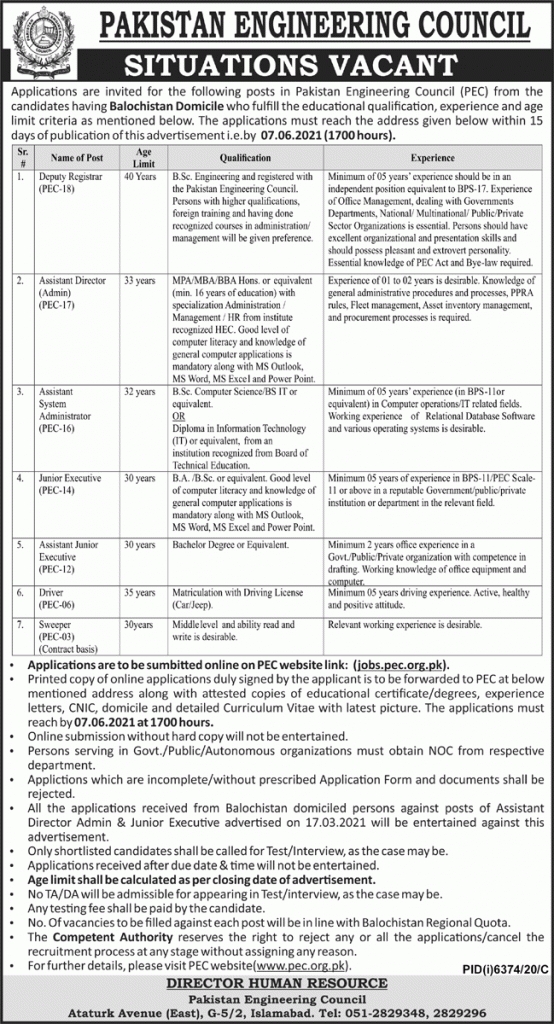 Pakistan Engineering Council Jobs 2021 |  PEC Jobs 2021