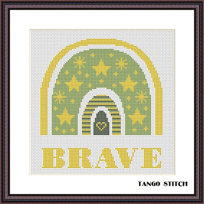 Yellow BRAVE boho rainbow nursery cross stitch pattern