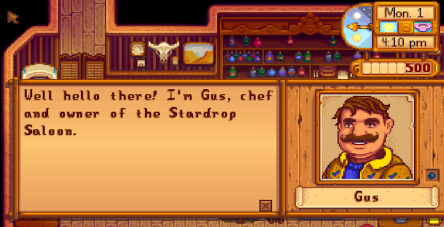 Stardew Valley Stardrop Saloon Gus "Well hello there! I'm Gus, chef and owner of the Stardrop Saloon."