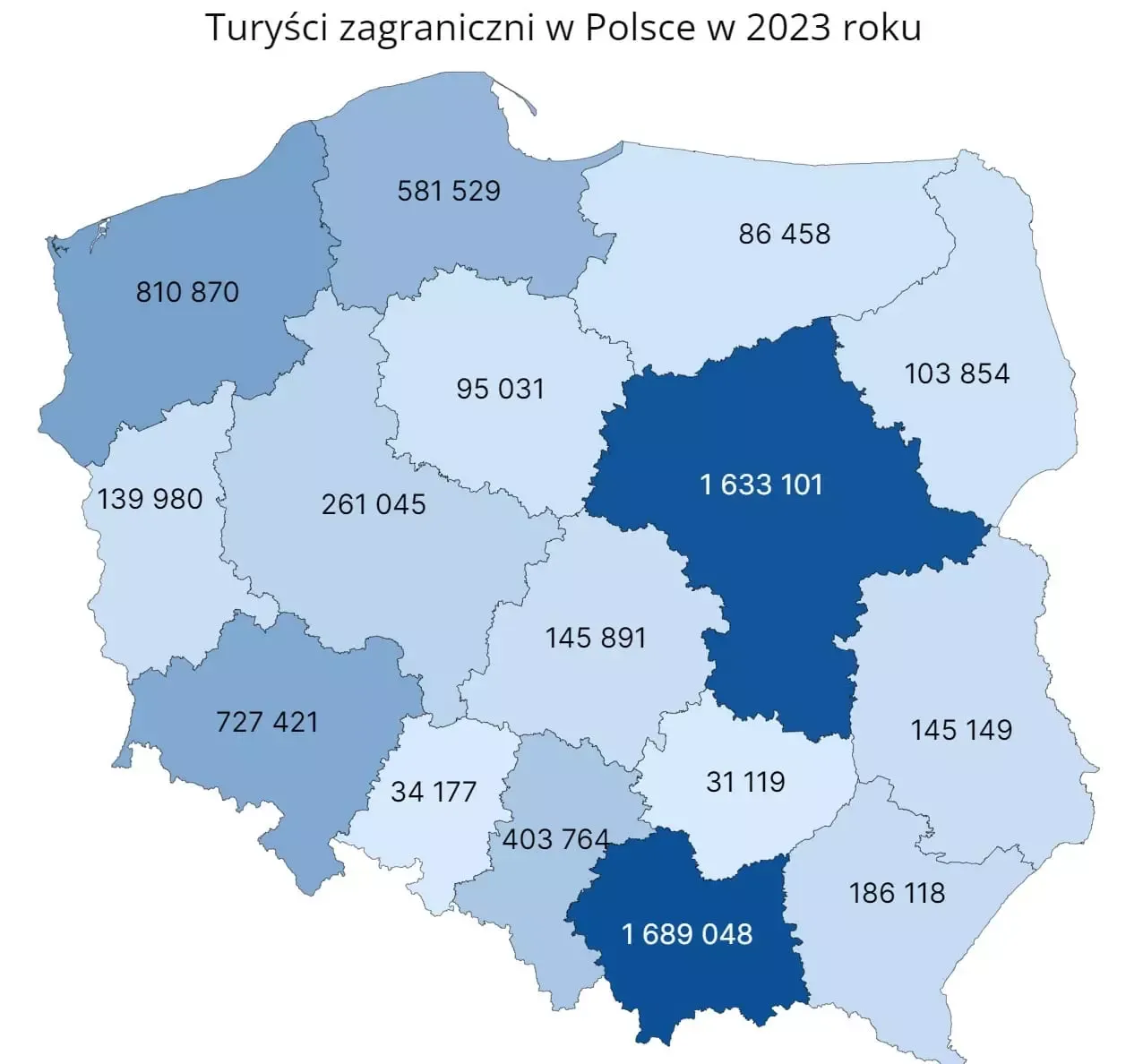 Mapa pokazuje najpopularniejsze regiony w Polsce wśród zagranicznych turystów