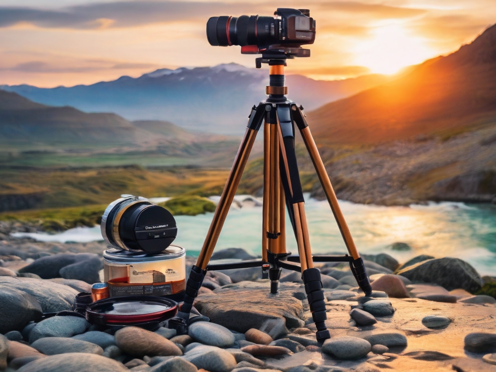Travel photographer capturing landscape with camera on tripod