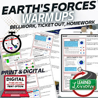 Earth's Forces Worksheets, Science Warm Ups, Earth Science NGSS Bellringers, Science Warm Ups, Science Homework, Science Ticket Out, Substitute Lessons