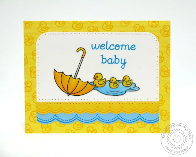 Sunny Studio Stamps Welcom Baby Card (using Sweet Script, Sunny Borders & Rain or Shine)