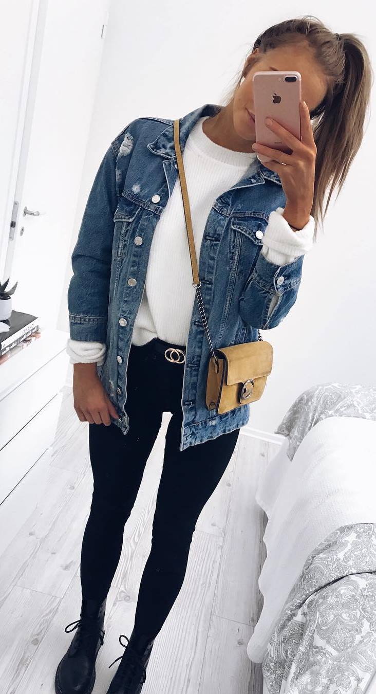 how to wear a denim jacket : white top + bag + black skinnies + boots
