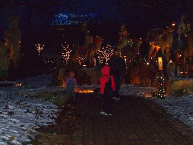 snow scene with lighted pathway