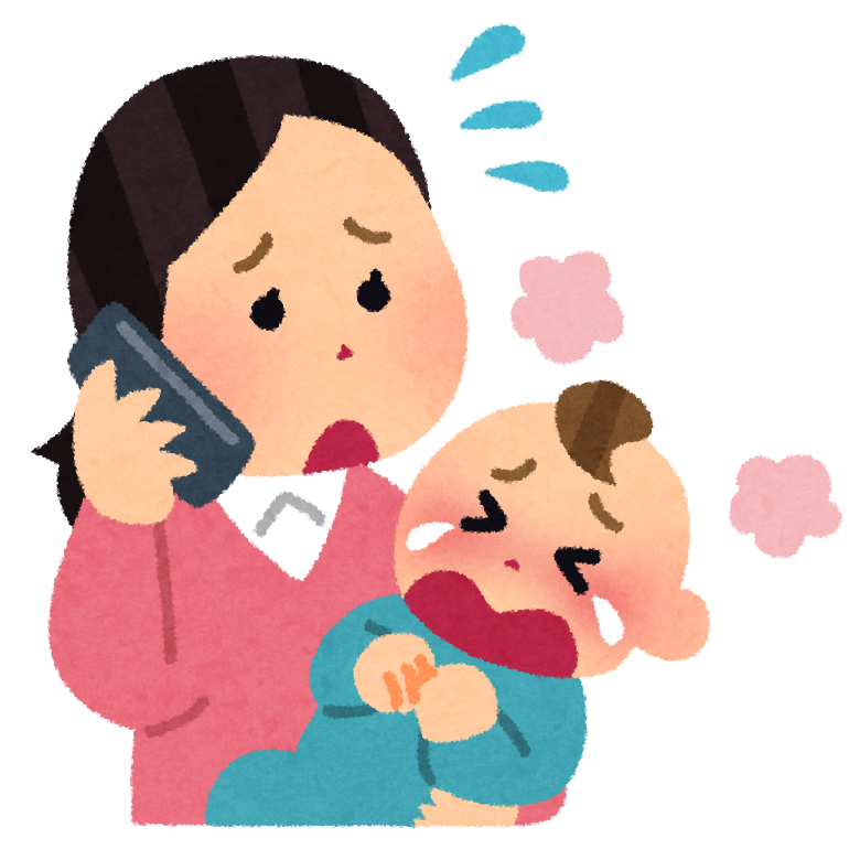 無料イラスト かわいいフリー素材集 泣いている赤ちゃんと電話をするお母さんのイラスト