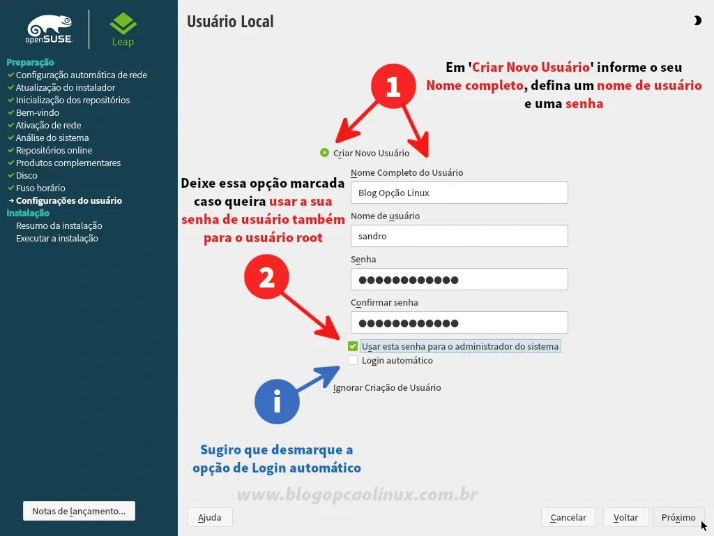 Crie uma nova conta de usuário para o openSUSE Leap 15.4 informando seu nome e definindo uma senha