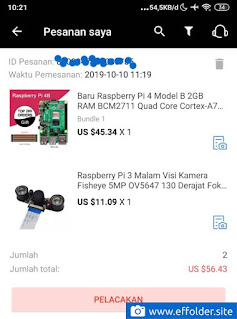 checkout pesanan raspberry pi 4 dan kamera night vision di aliexpress