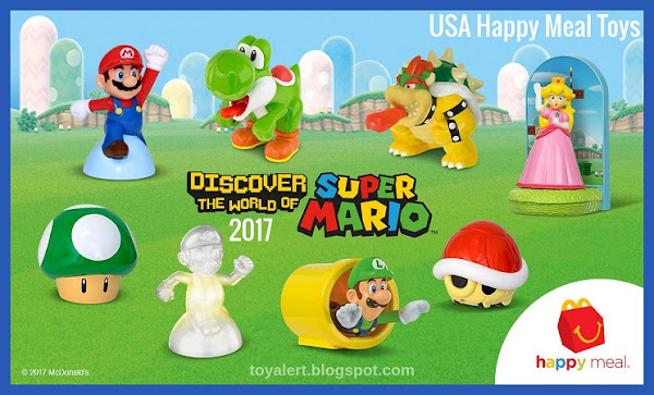 McDonalds Super Mario Toys 2017 USA Promotion - Set of 8 includes Jumping Mario, Luigi Launcher, 1-Up Mushroom, Invincible Mario, Bowser, Yoshi, Princess Peach, Koopa Shell