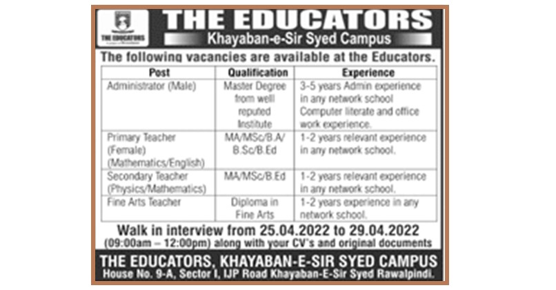 The Educators Khayaban Sir Syed Campus Rawalpindi Jobs 2023 | www.nokripao.com