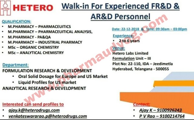 Hetero Drugs | Walk-In for A,FR&D | 22nd December 2018 | Hyderabad