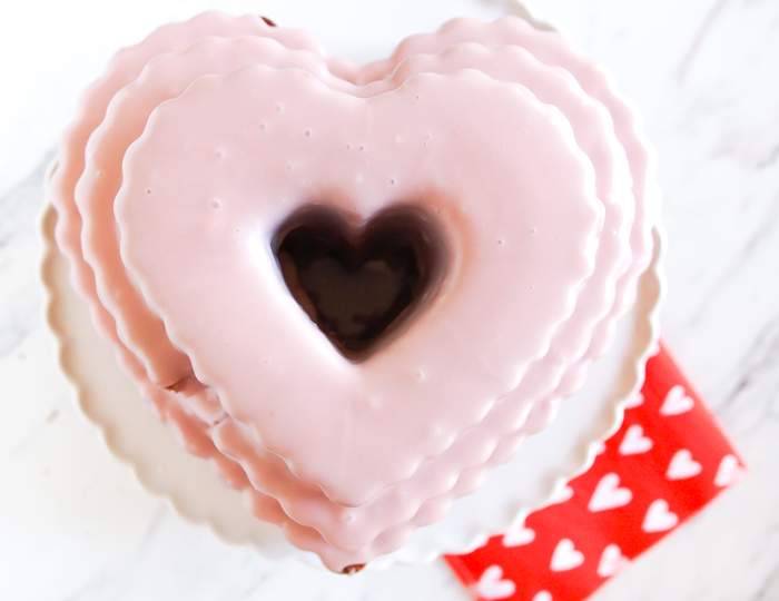 pink-glazed Amarena Cherry and Chocolate Marbled Heart Bundt Cake