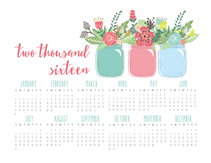 Free Printable 2016 Calendar At-a-Glance | Instant Download | 8x10 page