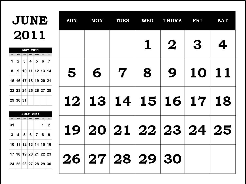 june calendar 2011. Monthly Calendar 2011 June