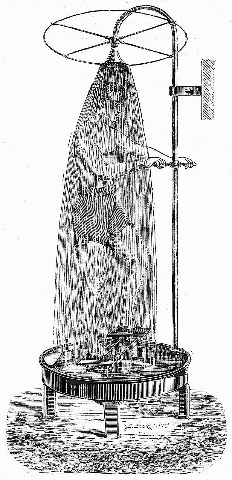 an illustrated self-powered bathing shower at L'Exposition de Paris 1878