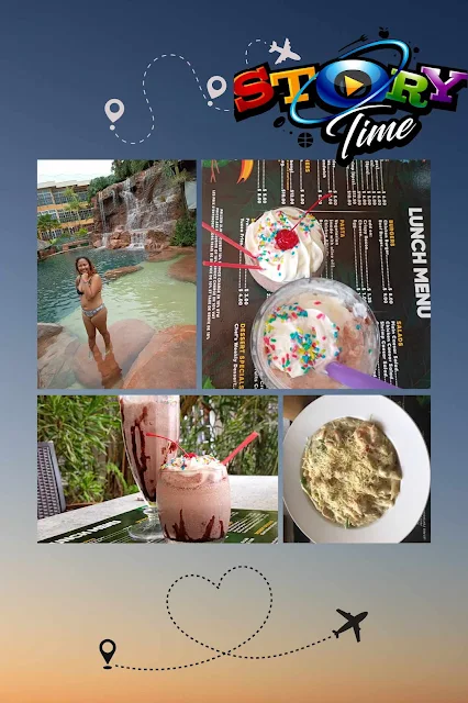 " Photo collage of Shachem Lieuw pool day at Jacana. Jacana menu, chocolate milkshake, mudslide and shrimp pasta"