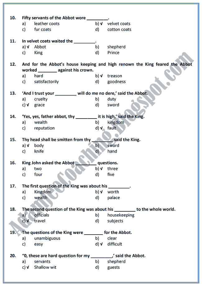 The-Abbot-of-Canterbury-MCQs-English-XI