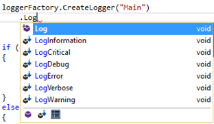 Intellisense mostrando métodos extensores de ILogger para registrar eventos
