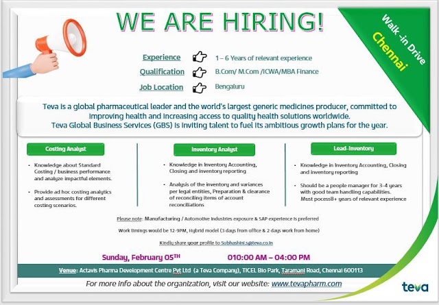 Teva Global Business Services | Walk-in interview for experienced candidates on 5th February 2023