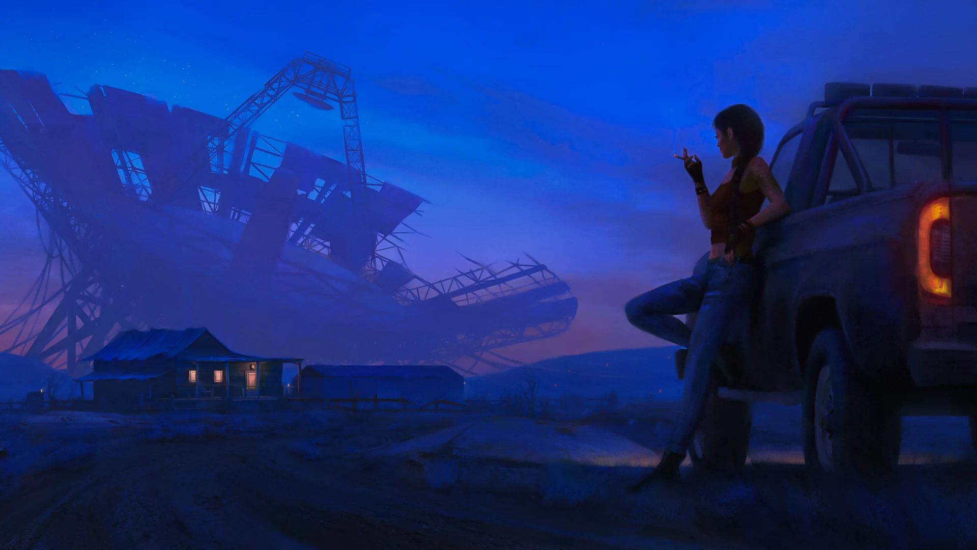 a woman smoking propped up in a van while looking at a landscape where there is a house with lights and giant antennas in the background. Sci-fi style.