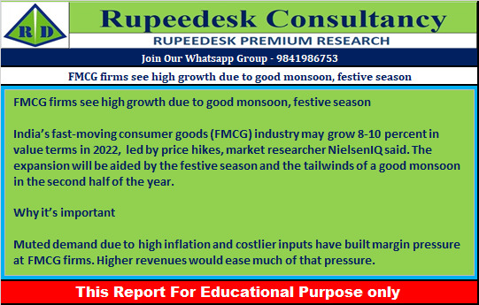 FMCG firms see high growth due to good monsoon, festive season - Rupeedesk Reports - 03.08.2022