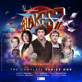 Cast fronted by Blake, with Blakes 7 logo in background