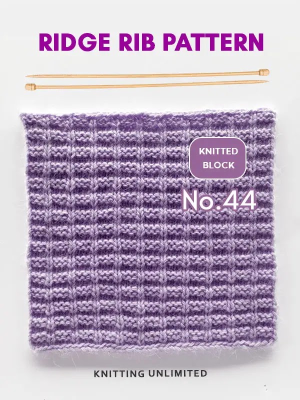 Knitted square pattern no.44 is perfect for newer knitters, as it uses only knits and purls and has a simple 4-row repeat